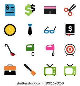 solid vector icon set - spatula vector, ladle, mixer, glasses, case, annual report, tie, dollar sign, shorts, target, clock, tv, scissors