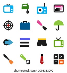 solid vector icon set - spatula vector, ladle, mixer, case, tie, shorts, target, calendar, umbrella, radio, tv, menu, arrow, calculator