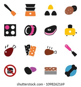 solid vector icon set - spatula vector, toaster, oven, double boiler, plates, cereal, potato, steak, chicken leg, breads, no fast food, bone