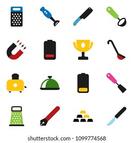 solid vector icon set - spatula vector, ladle, knife, grater, toaster, blender, dish, pen, award cup, magnet, gold ingot, battery, scalpel