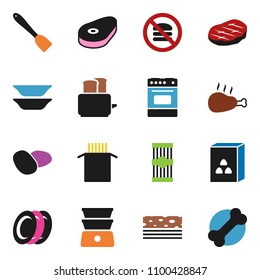 solid vector icon set - spatula vector, toaster, oven, double boiler, plates, cereal, pasta, potato, steak, chicken leg, breads, no fastfood, bone