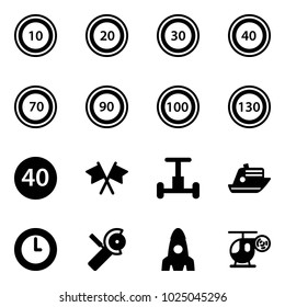 Solid vector icon set - speed limit 10 vector road sign, 20, 30, 40, 70, 90, 100, 130, minimal, flags cross, gyroscope, cruiser, clock, Angular grinder, rocket, helicopter toy