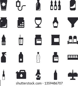 Solid vector icon set - spice flat vector, ketchup, sauce, lemonade, wine, soda, mustard, pulverizer, canister, glass bottles, funnel, vial, medical warmer, ampoule, vitamins, proteins, water