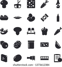 Solid vector icon set - spice flat vector, groats, spaghetti, legumes, lemon, cheese, on a fork, mushroom, salad, garlic, bell pepper, hot peppers, sashimi, jam, cranberry, blackberry, mustard, diet