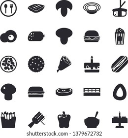Solid vector icon set - spice flat vector, table setting, sausage, spaghetti on a fork, hamburger, hot dog, pizza, mushroom, cake, dish, porridge, ham, chop, bell pepper, French fries, sashimi