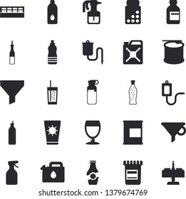 Solid vector icon set - spice flat vector, sauce, lemonade, wine, soda, mustard, ketchup, pulverizer, canister, funnel, vial, medical warmer, ampoule, vitamins, proteins, steroids, water