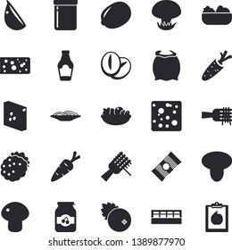 Solid vector icon set - spice flat vector, flour, groats, spaghetti, ketchup, lemon, cheese, on a fork, mushroom, salad, coffee beans, garlic, jam, cranberry, blackberry, carrot, diet