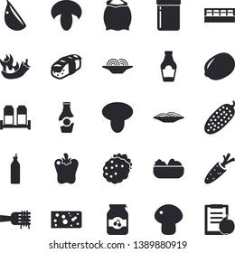Solid vector icon set - spice flat vector, flour, ketchup, lemon, cheese, spaghetti on a fork, mushroom, salad, garlic, bell pepper, hot peppers, cucumber, sashimi, jam, blackberry, mustard, carrot
