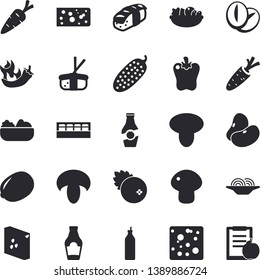 Solid vector icon set - spice flat vector, groats, ketchup, legumes, lemon, cheese, spaghetti, mushroom, salad, coffee beans, bell pepper, hot peppers, cucumber, sashimi, cranberry, mustard, carrot