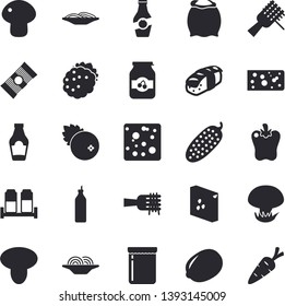 Solid vector icon set - spice flat vector, flour, groats, spaghetti, ketchup, lemon, cheese, on a fork, mushroom, bell pepper, cucumber, sashimi, jam, cranberry, blackberry, mustard, carrot