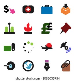 solid vector icon set - spices vector, pen, case, paper pin, dollar cursor, pound, fitness mat, first aid kit, plane, package, flammable, satellitie, pregnancy, insemination, loading, attachment