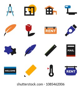 solid vector icon set - splotch vector, welcome mat, thermometer, pen, pencil, ruler, drawing compass, tulip, big scales, hdmi, cottage, mailbox, plan, rent signboard