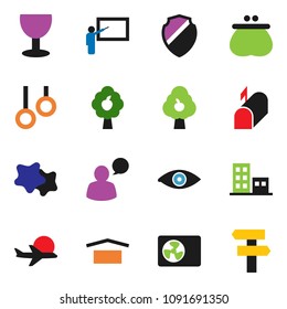 solid vector icon set - splotch vector, blackboard, gymnast rings, plane, glass, dry cargo, speaking man, eye, shield, fruit tree, apartments, ari condition, mailbox, wallet, signpost