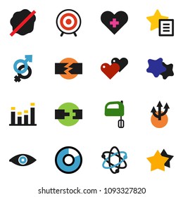 solid vector icon set - splotch vector, mixer, atom, pie graph, target, equalizer, heart, cross, eye, gender sign, favorites, route arrow, connection, disconnection, star