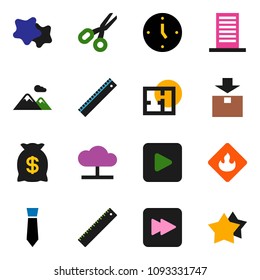solid vector icon set - splotch vector, ruler, scissors, clock, tie, package, flammable, play button, forward, cloud network, mountain, plan, building, money bag, star