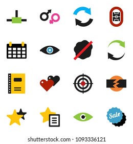 solid vector icon set - splotch vector, copybook, calendar, target, stadium, favorites, heart, eye, gender sign, connect, refresh, disconnection, sale