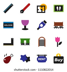 solid vector icon set - splotch vector, welcome mat, washboard, chicken leg, pen, corner ruler, Railway carriage, glass, tulip, hdmi, plan, rent signboard, buy