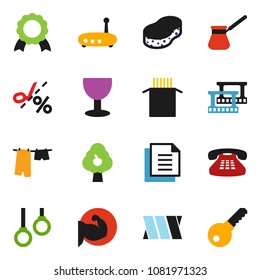 solid vector icon set - sponge vector, drying clothes, turk coffee, pasta, medal, muscule hand, gymnast rings, document, glass, film frame, classic phone, bandage, router, fruit tree, coupon