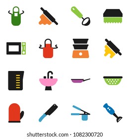 solid vector icon set - sponge vector, sink, pan, colander, measuring cup, apron, cook glove, press, ladle, knife, rolling pin, microwave oven, double boiler, blender