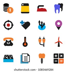 solid vector icon set - sponge vector, iron, cutting board, coin stack, heart cross, phone, document, rca, thermometer, tooth, implant, route arrow, pin, windmill, target, calculator