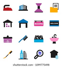 solid vector icon set - sponge, car, welcome mat, iron, sink, university, warehouse, estate document, rooms signboard, office building, search, smart home