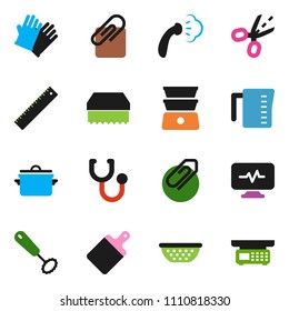 solid vector icon set - sponge vector, steaming, rubber glove, pan, colander, measuring cup, whisk, cutting board, double boiler, ruler, stethoscope, diagnostic monitor, attachment, coupon