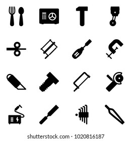 Solid vector icon set - spoon and fork vector, safe, work, piston, steel rolling, bucksaw, chisel, clamp, knife, bolt, metal hacksaw, Angular grinder, welding, rasp, allen key set, forceps