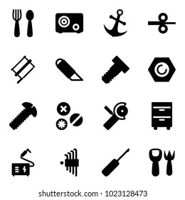 Solid vector icon set - spoon and fork vector, safe, anchor, steel rolling, bucksaw, work knife, bolt, nut, screw, rivet, Angular grinder, tool cabinet, welding, allen key set, awl, shovel toy