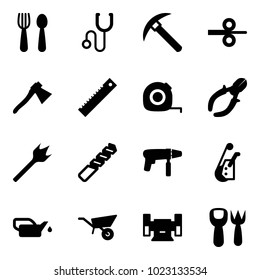 Solid vector icon set - spoon and fork vector, stethoscope, rock axe, steel rolling, ruler, measuring tape, side cutters, wood drill, machine, winch, oiler, wheelbarrow, sharpening, shovel toy