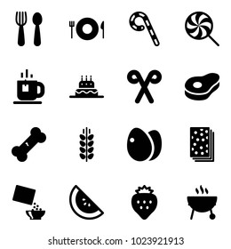 Solid vector icon set - spoon and fork vector, plate, lollipop, tea, cake, santa stick, meat, broken bone, spica, eggs, breads, cereal, watermelone, strawberry, grill