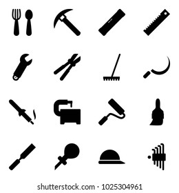 Solid vector icon set - spoon and fork vector, rock axe, level, ruler, wrench, bolt cutter, rake, sickle, soldering iron, machine tool, paint roller, brush, rasp, oiler, construction helmet