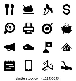 Solid vector icon set - spoon and fork vector, turkey, banana, dollar, money search, printer, target, piggy bank, speaker horn, cloud, flag, tent, terms plan, mobile phone, wind mill, lawn mower