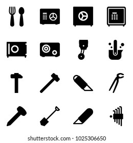 Solid vector icon set - spoon and fork vector, safe, piston, casting of steel, hammer, sledgehammer, work knife, plumber, nail, shovel, allen key set