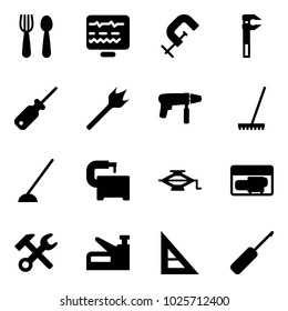 Solid vector icon set - spoon and fork vector, diagnostic monitor, clamp, screwdriver, wood drill, machine, rake, hoe, tool, jack, generator, wrench hammer, stapler, corner ruler, awl