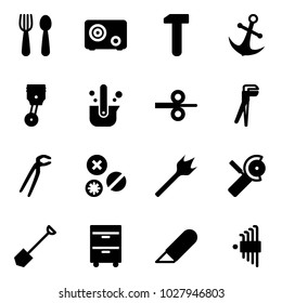 Solid vector icon set - spoon and fork vector, safe, work, anchor, piston, casting of steel, rolling, plumber, rivet, wood drill, Angular grinder, shovel, tool cabinet, knife, allen key set