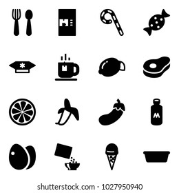 Solid vector icon set - spoon and fork vector, coffee machine, lollipop, candy, tea, lemon, meat, slice, banana, eggplant, milk, eggs, cereal, ice cream, basin