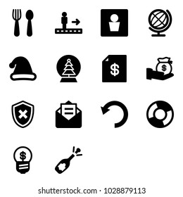 Solid vector icon set - spoon and fork vector, travolator, male wc, globe, christmas hat, snowball tree, account statement, investment, shield cross, opened mail, undo, circle chart, business idea