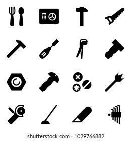 Solid vector icon set - spoon and fork vector, safe, hammer, saw, chisel, plumber, bolt, nut, screw, rivet, wood drill, Angular grinder, hoe, work knife, allen key set