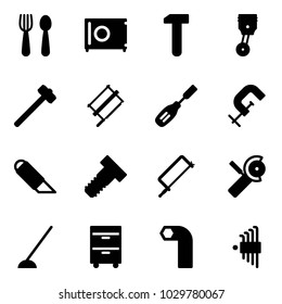 Solid vector icon set - spoon and fork vector, safe, work, piston, sledgehammer, bucksaw, chisel, clamp, knife, bolt, metal hacksaw, Angular grinder, hoe, tool cabinet, allen key, set