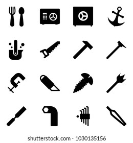 Solid vector icon set - spoon and fork vector, safe, anchor, casting of steel, saw, hammer, mason, clamp, work knife, screw, wood drill, rasp, allen key, set, forceps