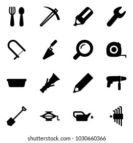 Solid vector icon set - spoon and fork vector, job, highlight marker, wrench, fretsaw, trowel, magnifier, measuring tape, basin, dowel, pencil, drill machine, shovel, jack, oiler, allen key set