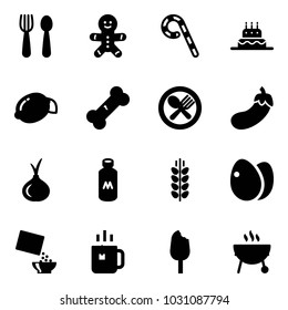 Solid vector icon set - spoon and fork vector, cake man, lollipop, lemon, broken bone, plate, eggplant, onion, milk, spica, eggs, cereal, green tea, ice cream, grill