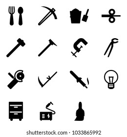 Solid vector icon set - spoon and fork vector, job, bucket scoop, steel rolling, sledgehammer, mason hammer, clamp, plumber, Angular grinder, scythe, soldering iron, bulb, tool cabinet, welding