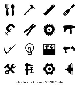 Solid vector icon set - spoon and fork vector, mason hammer, ruler, chisel, clamp, bolt cutter, saw disk, drill machine, scythe, bulb, tool box, dryer, wrench, gear, allen key set