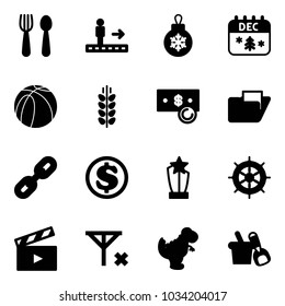 Solid vector icon set - spoon and fork vector, travolator, christmas ball, calendar, basketball, spica, cash, folder, link, dollar, award, hand wheel, movie flap, no signal, dinosaur toy