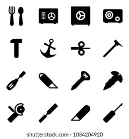 Solid vector icon set - spoon and fork vector, safe, work, anchor, steel rolling, mason hammer, chisel, knife, screw, Angular grinder, rasp, awl