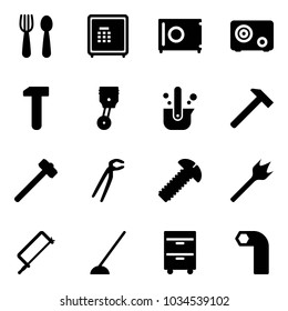 Solid vector icon set - spoon and fork vector, safe, work, piston, casting of steel, hammer, sledgehammer, plumber, screw, wood drill, metal hacksaw, hoe, tool cabinet, allen key