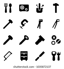 Solid vector icon set - spoon and fork vector, safe, casting of steel, hammer, sledgehammer, clamp, plumber, nail, screw, bolt, rivet, metal hacksaw, tool cabinet, rasp, shovel toy