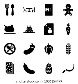 Solid vector icon set - spoon and fork vector, cafe, coffee machine, cake man, turkey, diet list, carrot, plate, eggplant, sweet pepper, spica, breads, banana, pineapple, sickle