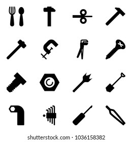 Solid vector icon set - spoon and fork vector, hammer, steel rolling, sledgehammer, clamp, plumber, screw, bolt, nut, wood drill, shovel, allen key, set, awl, forceps
